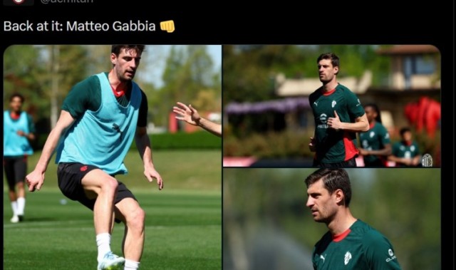 米兰官方晒照，自2月底以来一直因伤缺阵的加比亚回归合练